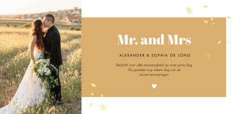 Bedankkaart trouwen met foto in goudkleur