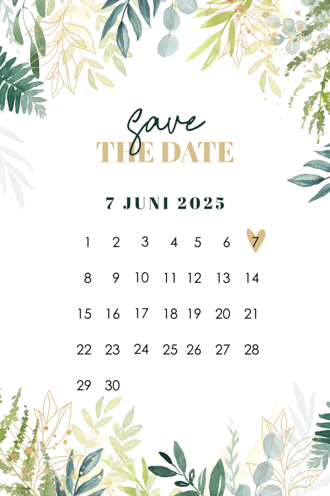 Botanische save the date met takjes en kalender