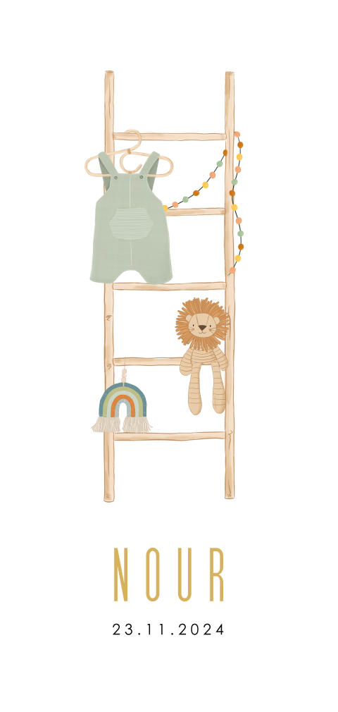 Geboortekaartje jongen ladder regenboog knuffel rompertje