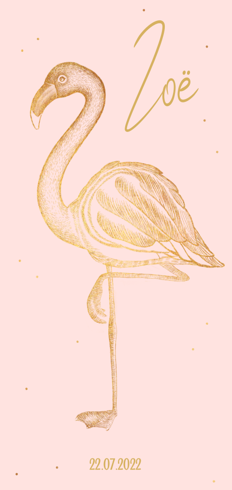 Stijlvol en trendy geboortekaartje met flamingo en palmbomen in goud
