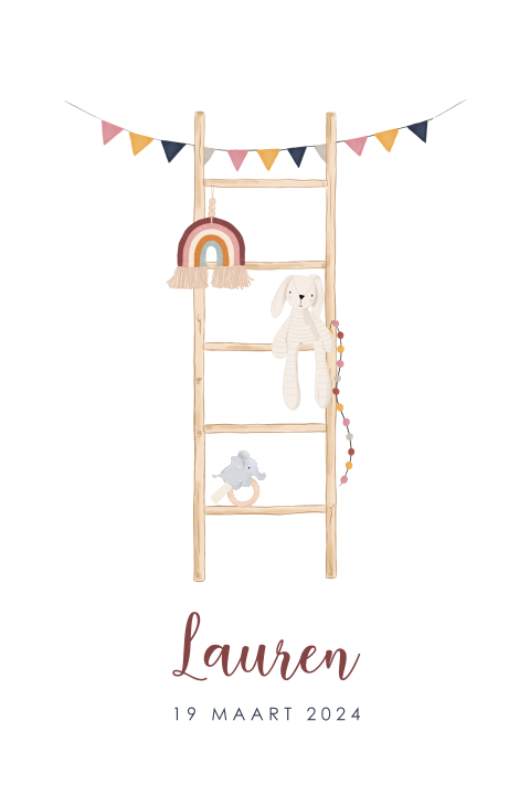 Geboortekaartje meisje ladder regenboog knuffel bijtring