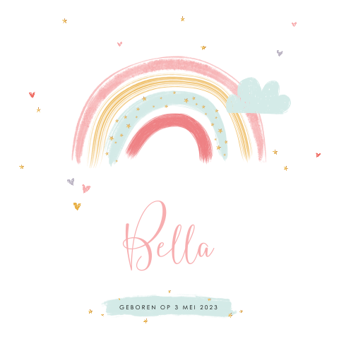 Geboortekaartje meisje met regenboog in pasteltinten