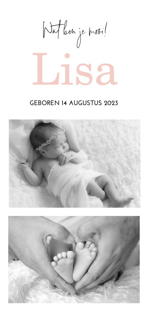 Geboortekaartje met foto meisje stijlvol zwart-wit