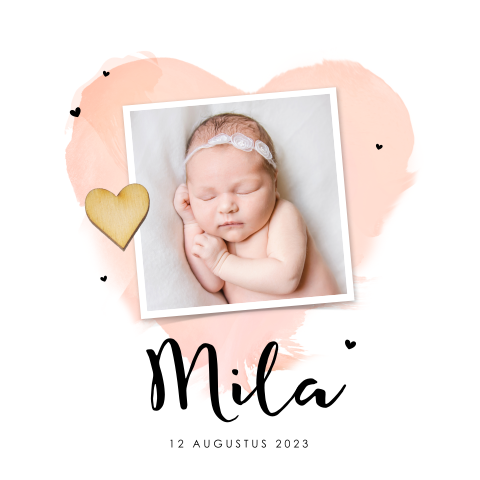 Lief geboortekaartje meisje met oranje watercolor hart en foto