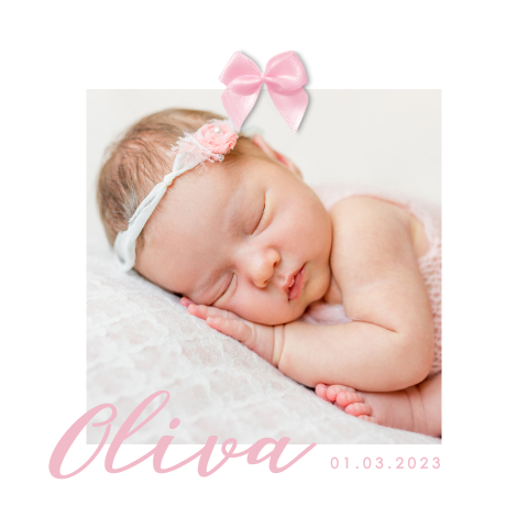 Lief en klassiek geboortekaartje meisje met foto en roze strikje