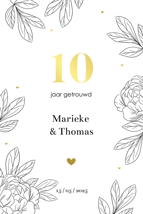 Goudfolie uitnodiging 10 jaar getrouwd met bladeren