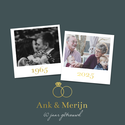 Goudfolie uitnodiging 60 jaar getrouwd met ringen en foto's