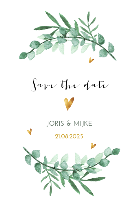 Hippe Save The Date Kaart Met Eucalyptus Takjes En Gouden Hartjes