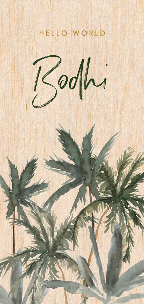 Houten geboortekaartje met palmbomen