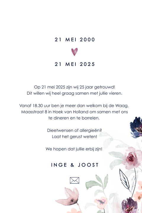 Uitnodiging huwelijksjubileum met watercolour bloemen en hartje