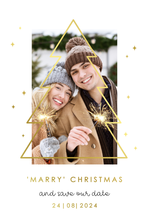 Kerst Save the Date fotokaart met goudfolie kerstboom