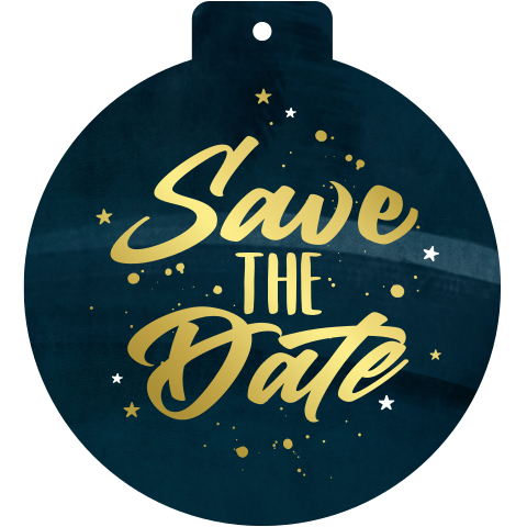 Save the date in kerstbal vorm met goudfolie
