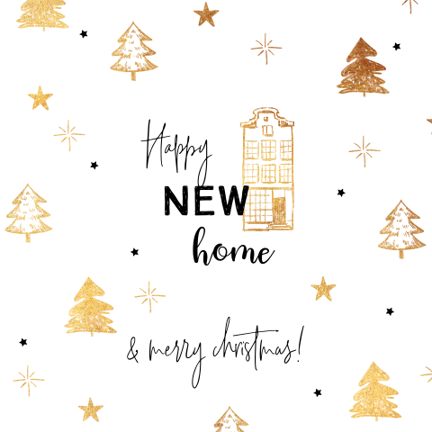 Verhuiskaartje met kerstbomen en huis in goud en zwart
