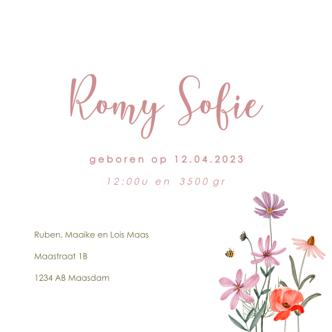 Lief geboortekaartje meisje met veldbloemen en koperfolie details