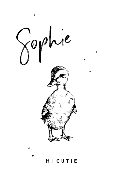 Lief geboortekaartje meisje met little duck in zwart-wit