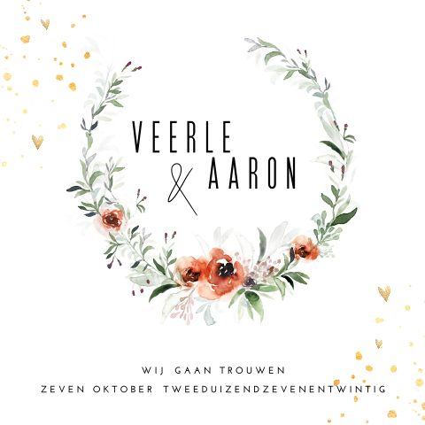 Romantische trouwkaart met bloemenkrans in herfsttinten