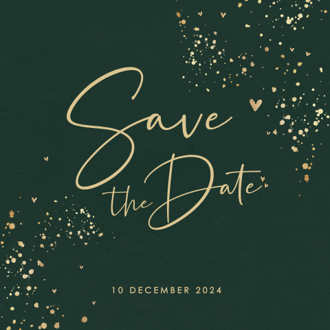 Donkergroene save the date met spetters