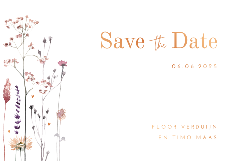 Save the date uitnodiging met droogbloemen en echt koperfolie