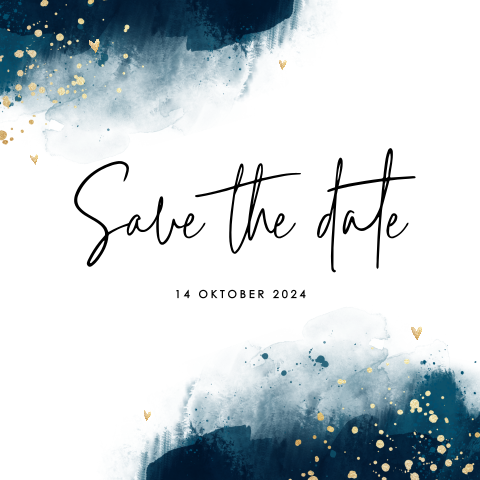 Hippe save the date met donkerblauwe watercolour