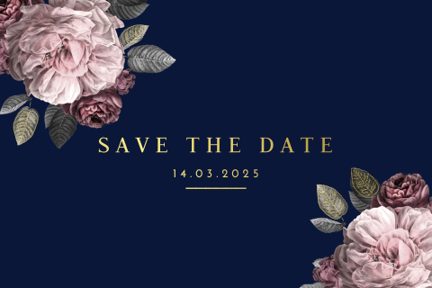 Save the Date kaart goudfolie met rozen op donkerblauw