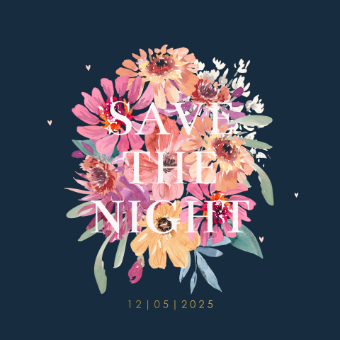 Stijlvolle save the night met bloemen en goudfolie