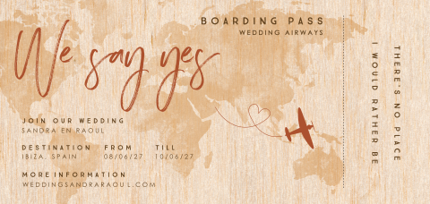 Stijlvolle trouwkaart vliegticket van echt hout