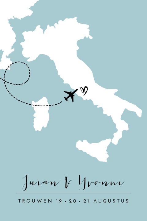 Stijlvolle trouwkaart met kaart van Italie voor buitenland bruiloft