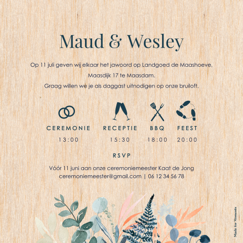 Botannische trouwkaart met monogram op echt berkenhout