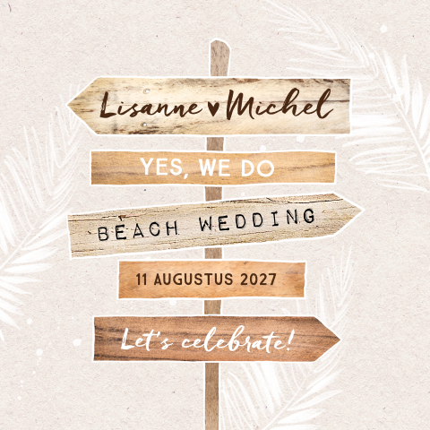 Trouwkaart beach wedding met wegwijzer