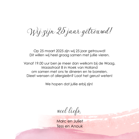 Welp Chique uitnodiging 25 jarig huwelijks jubileum met roze aquarel RY-91
