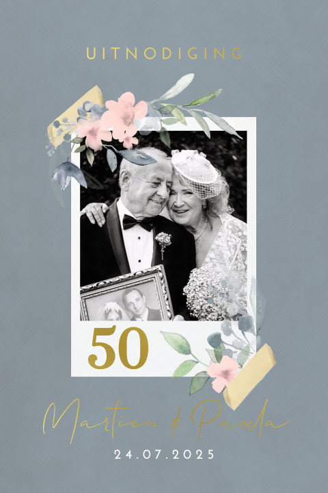 Uitnodiging 50 jaar getrouwd met aquarel bloemen