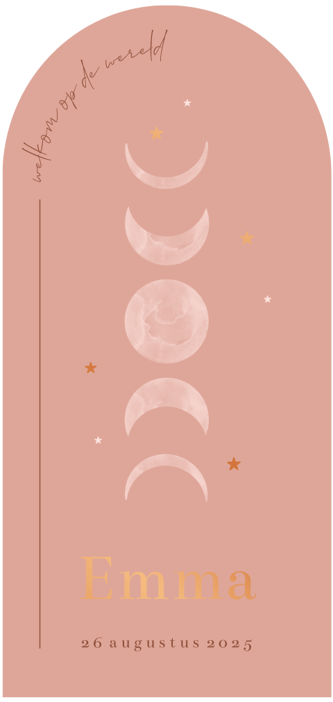 Uniek geboortekaartje voor meisje met koperfolie en maanfases
