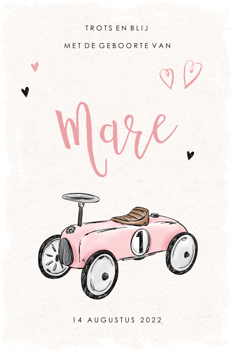 Vintage babykaartje meisje met loopauto roze