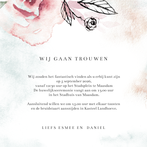 Trouwkaart met handgeschilderde bloemen