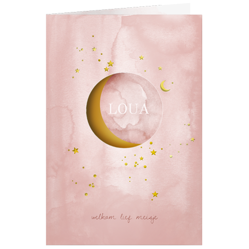 Geboortekaartje meisje met uitsnede maan en sterren goudfolie