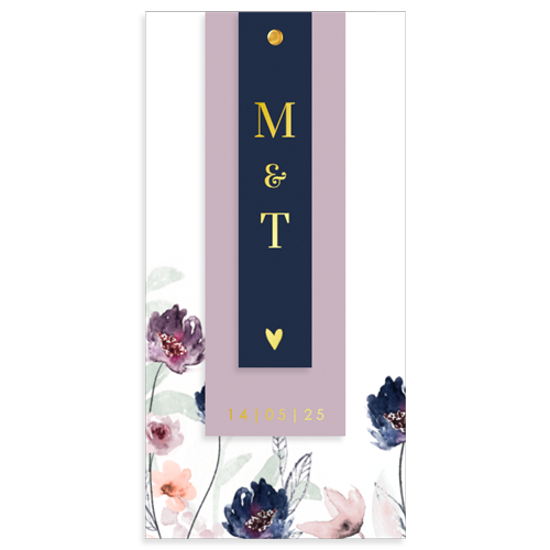 Stijlvolle labelkaart trouwen met bloemen en goudfolie