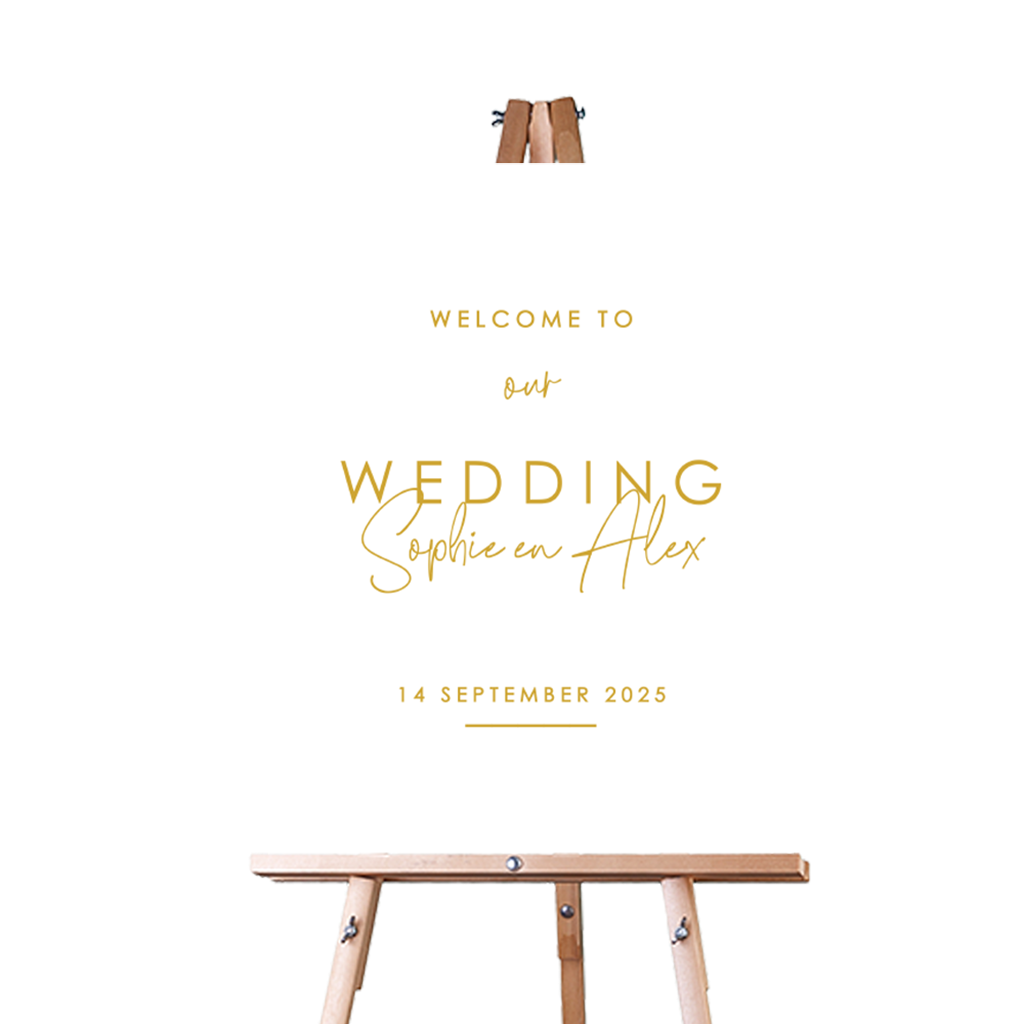 Clean bruiloftsbord met gouden typografie