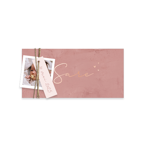 Lief geboortekaartje voor meisje met roséfolie en losse labeltjes