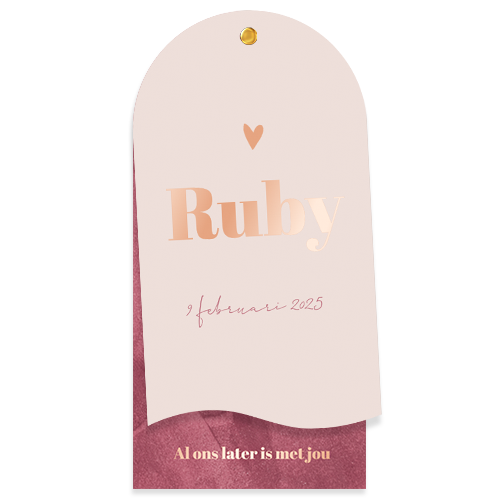 Label geboortekaartje voor meisje in boogvorm met roséfolie