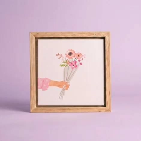 Tegeltje bloemen met houten lijst verrassingscadeau