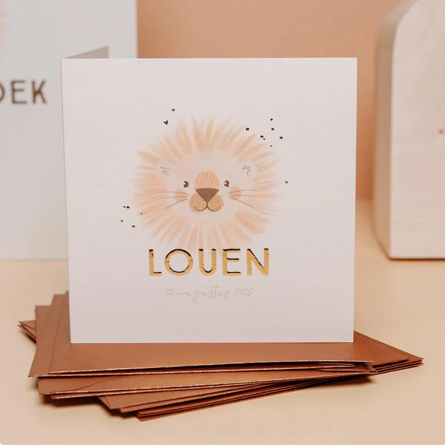 Geboortekaartje leeuwtje goudfolie